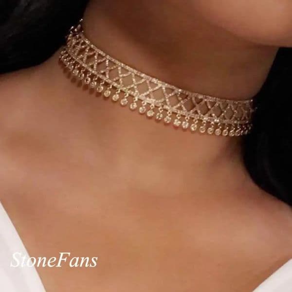 StoneFans Cubic Zirconia Tie Chain choker necklace for Women adjustable length trendy geometric chokers necklaces N6087 250930