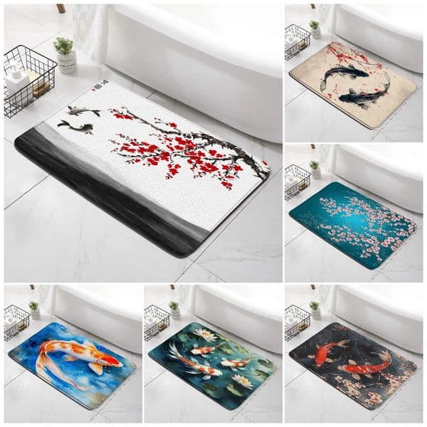 Koi Carp Bath Mats Sakura Lotus Flowers Fish Ink Art Japanese Style Carpet Bedroom Entrance Doormat Home Bathroom Decorative Rug 240603