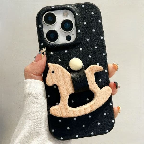 for iPhone 16 Pro Max Case with Holder wooden horse Grip Kickstand Colored Dots Pattern Leather Touch Comfortable Handcrafted Cover for iPhone phone case