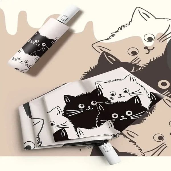 1pc Simple Cartoon Kittens Printed Black And White Automatic Umbrella Sunny Rainy Dualuse UV Protection 250107
