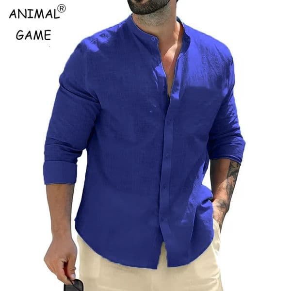 Mens Cotton Long Sleeve Shirts Casual Button Down Banded Collar Shirt Autumn Men Dress Business 250701w