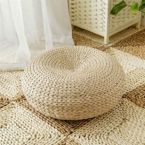 1PC Handmade Pouf Natural Straw Woven Tatami Cushion With Hooks Tea Chairs Round Floor Yoga Mat Home Balcony Accessories 220309