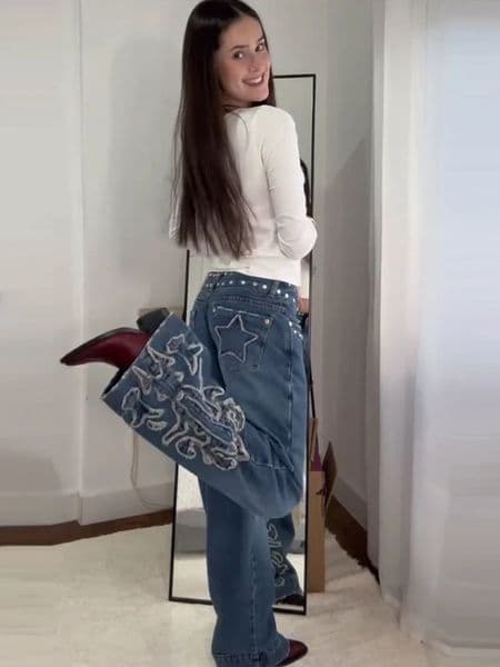 Vintage Womens Denim Jeans Pant With Studs Star Patches High Waist Wide Leg Trendy Streetwear Baggy Pants Casual Daily Trousers 250922BJ