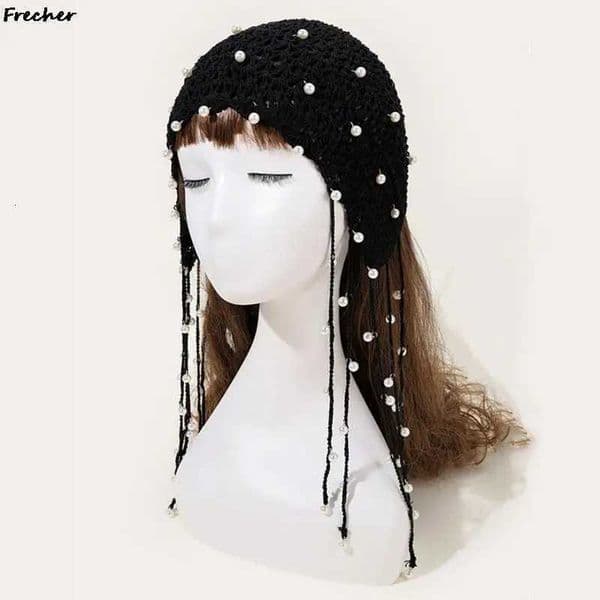 Wedding Party Tassel Hat Women Creative Pearl Braid Mesh Hats Vintage Ethnic Style Crochet Hollow Knit Caps Beautiful Headpiece Z251007