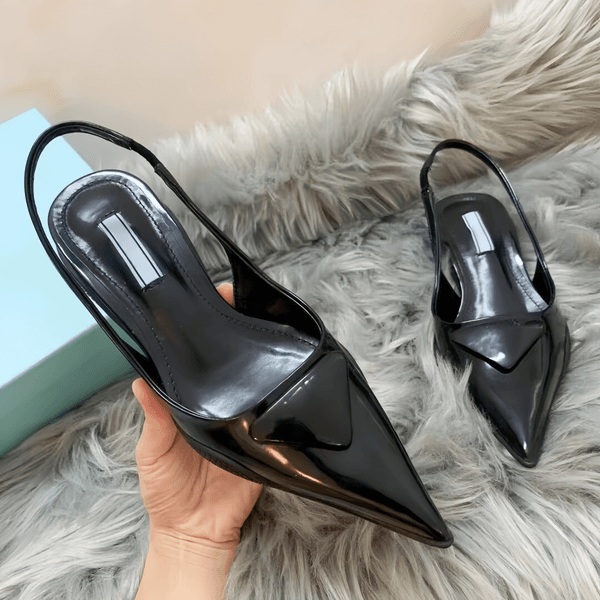Designer High Heels Pointed Sandals Classics Brand P Triangle Sign Thin Heels 3.5cm 7.5cm Shiny Patent Leather Women Wedding Shoes 35-41
