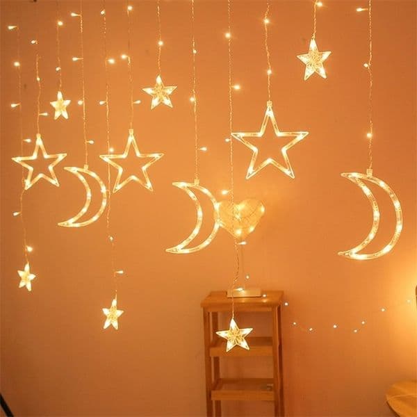 EU Plug Star Moon Led Curtain Garland String Light Eid Mubarak Ramadan Decoration Islam Muslim Party Decor Al Adha Kareem 220527