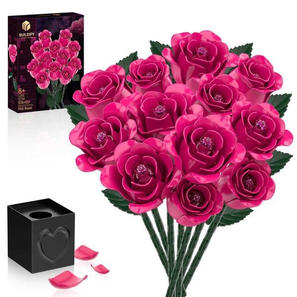 12Piece Pink Rose Flower Bouquet Building Block Set GothicSle Home Decor Perfect for Valentines Day Decoration Unique Z251007