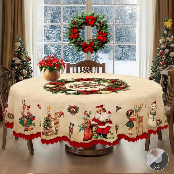 1 Piece Merry Christmas Themed Printed Tablecloth Retro Country Farmhouse Style Santa Claus Christmas Gift Pattern Suitable for Christmas Year Party Par 250930BJ