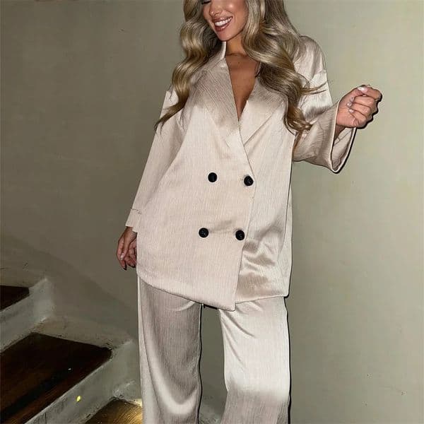 European and American Style Spring and Summer Womens Clothing Wrinkle Effect Double Breasted Suit Jacket Pants Set 250923BJ