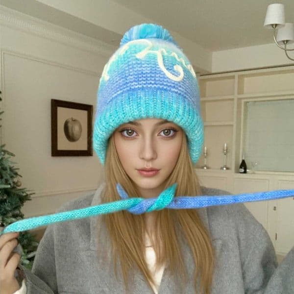 New Women Gradient Color Winter Hat Trendy Streetwear Knitted Pompoms Hat With Rope Dandy Hat Caps For Female Z251007