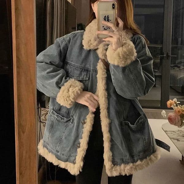 Winter Plush Lamb Fleece Long Coats Women 2025 Winter Korean Fashion Loose Denim Jackets Buttons Pocket Cow Parka Outerwears 250930