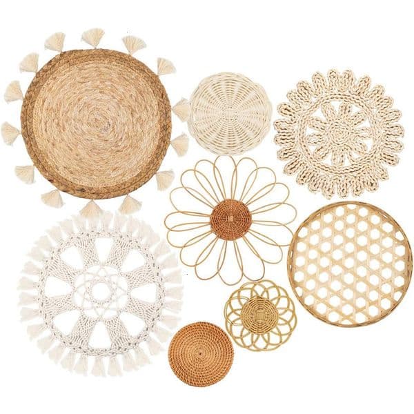 Boho Wall Basket Decor Set of 8 Flat Woven Round Tassel White Macrame Tape Art Handmade 240927