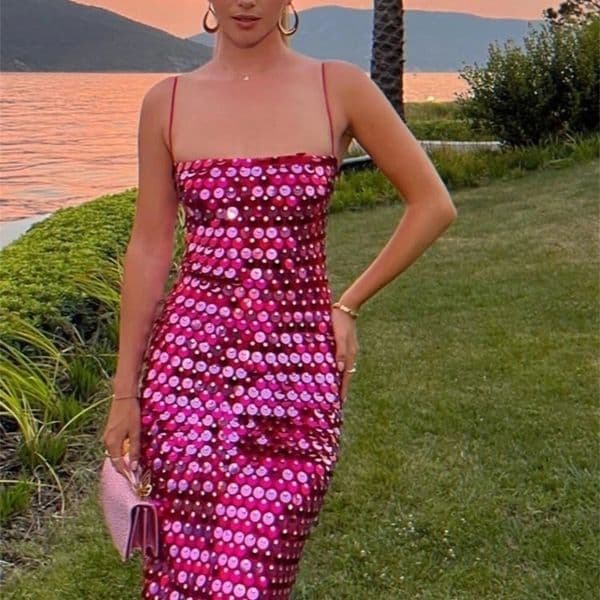 DAENERYS RES Sparkling Sexy Ultra Thin Glitter Dress Suitable for Women Elegant Solid Backless spaghetti Strap Party Fashionable Womens Long Dress 241231CJ