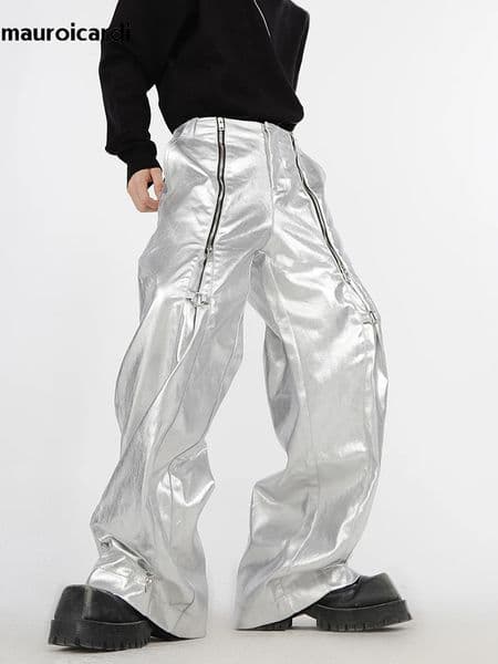 Mauroicardi Spring Autumn Cool Long Loose Casual Soft Black Silver Pu Leather Pants Men with Many Zippers Trousers Fashions 2501008