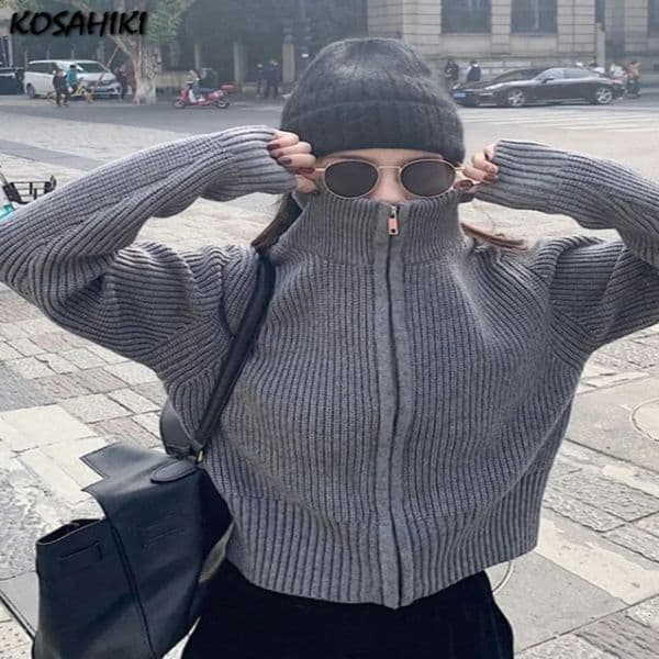 Y2k Aesthetic Harajuku cardigan wool sweater Mujer Kardigan Turtleneck streetwear gray crop top zipper autumn full matching solid 241007wtt