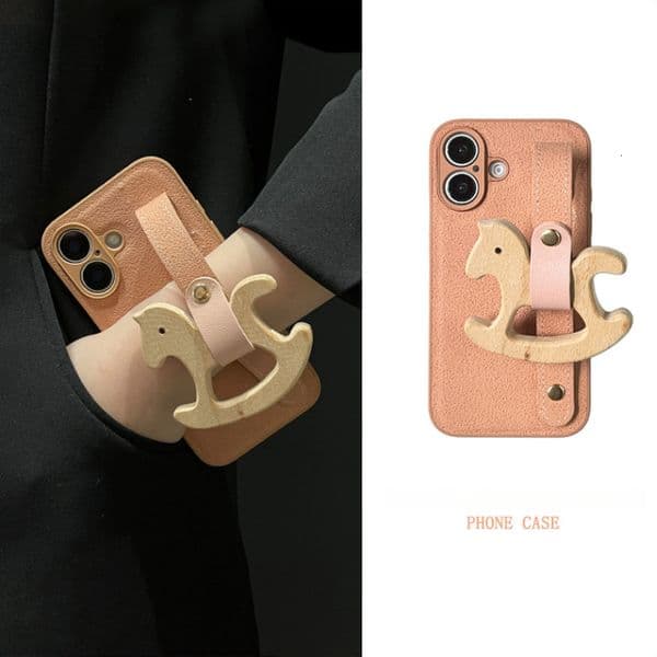 for iPhone 17 Pro Max Case with Wrist Strap Pink Moon Crater Pattern Wooden Horse Design with Adjustable Wristband Kickstand Shockproof TPU Protection Phone Cov