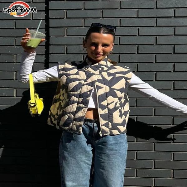 Womens fashionable printed stand up collar vest single chest sleeveless street waist coat autumn and winter womens 240819wtt