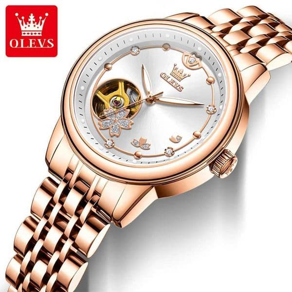 OLEVS Womens Watches Fashion Elegant Original Automatic Mechanical Watch for Lady Rose White Hollowed Out Movement Luminous W250903