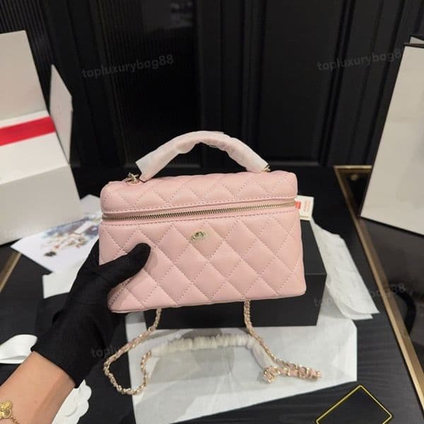 Box Makeup Bag Designer Women Shoulder Soft Handle Handbag Caviar Genuine Leather Checkered Pattern Gold Hardware Metal Matelasse Chain Crossbody Bags 19cm