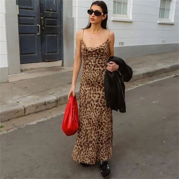 Vintage Leopard Print Chiffon Sexy Cami Dress Women V Neck Sleeveless Party Dress Fashion Summer Streetwear Dress 250227CJBJ