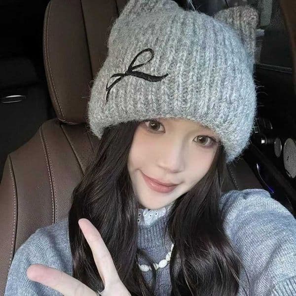 Fashion Cat Ear Beanie Cap Windproof Thickened Knitted Woolen Hat Solid Color Winter Warm Crochet HatXJ251008