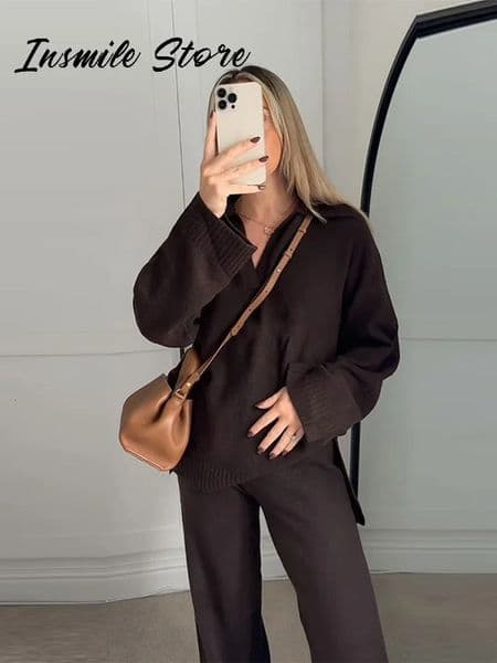 Casual Knit Brown Sweater Pant 2 Pieces Set Women Vneck Full Sleeve Loose Knitwear Wide Leg Pants Autumn Lady Chic Outfit 2501008BJ