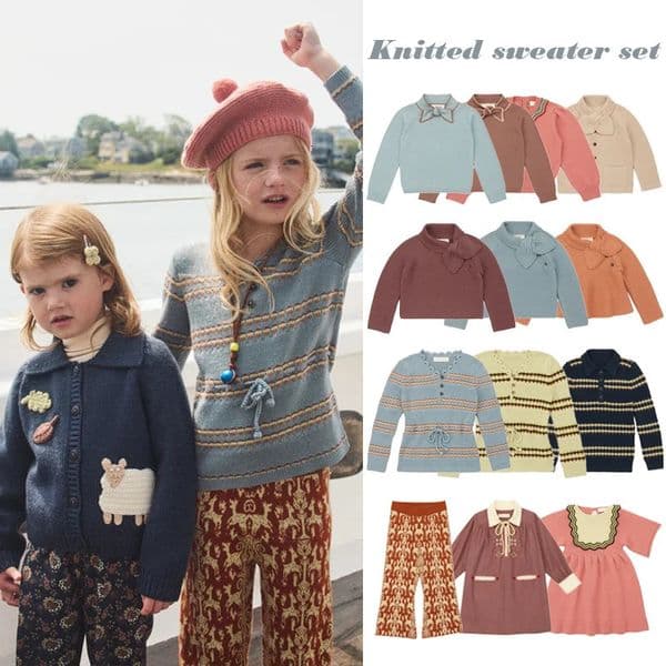 Childrens sweater autumn and winter MP foreign trade style girls retro style bow pullover knitted cardigan long pants set 250922BJ