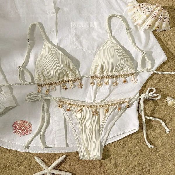 InX Womens Solid Color Texture Fabric Shell Ribbon Triangle Cup Bikini Set Beach Voiceover 250327wtt