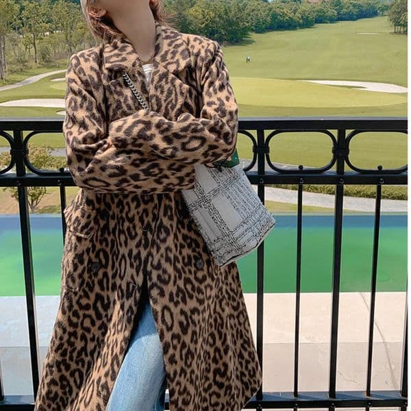 Spring Womens Wool Coat Classic Leopard Pattern Loose Style Long Sleeve Fashion Casaco Feminino 240905wtt
