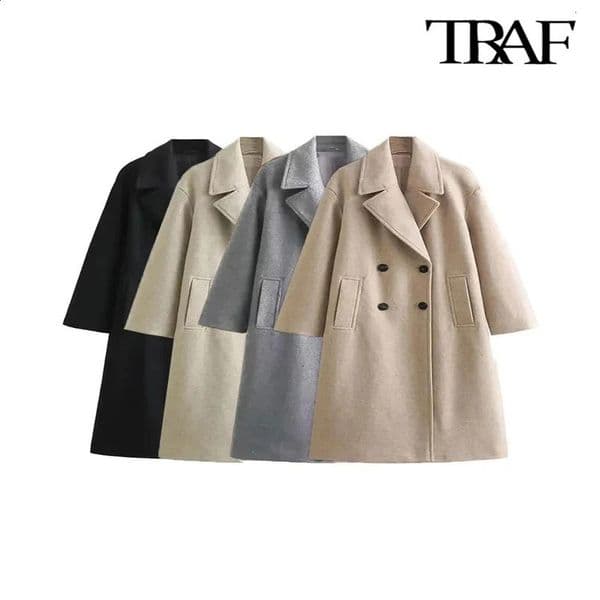TRAF womens soft and fine wool coat long sleeves front edge pockets clothing fashionable 240905wtt