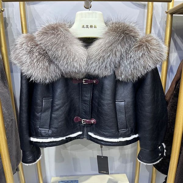 Winter Womens Genuine Leather Jacket Natural Merino Wool True Fox Fur Collar Thick Coat 240910wtt