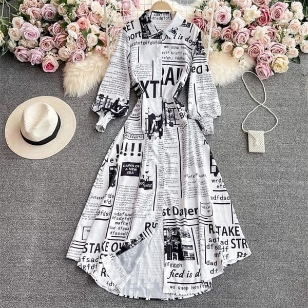 French Vintage slim Print Lapel Lantern Sleeve Single Breasted Dress Chic Elegant Vestidos summer Fashion A-line dresses 240429