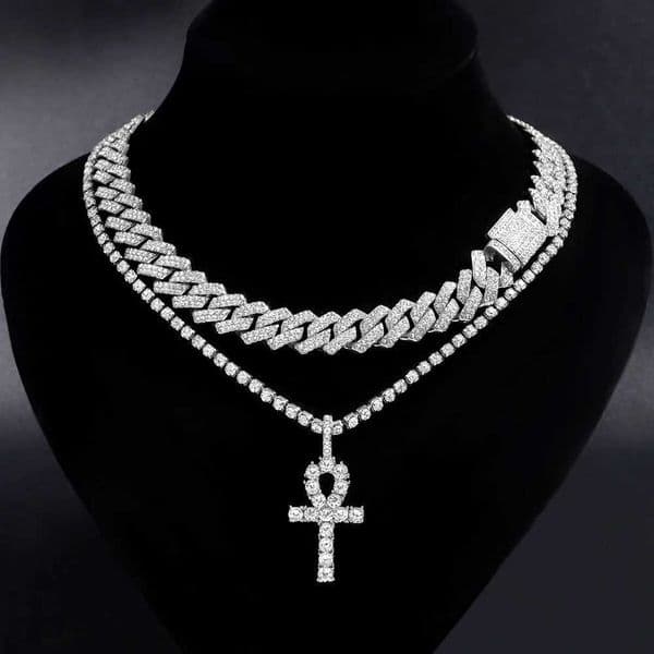 2Pcs Punk Crystal Cross Ankh Tennis Chain d Out Prong Cuban Link Chain Necklace For Men Women Rper Necklaces Hiphop Jewelry W251008