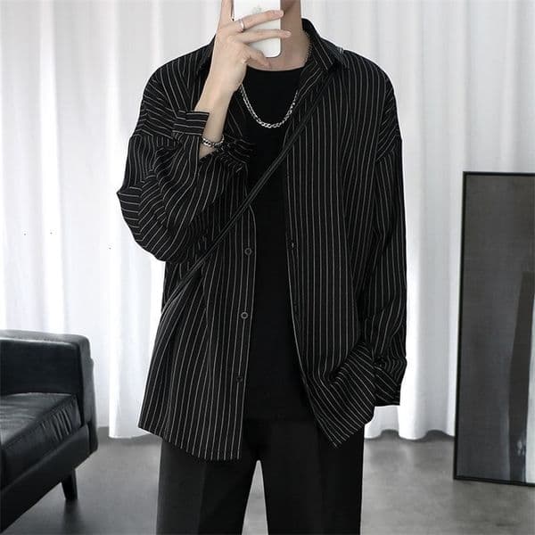 Men's Casual Shirts Striped Shirt Jacket Men Women Hong Kong Style Japanese Casual Oversize Trend Black Unisex Gothic Long-Sleeved Shirt Autumn Tops 230329