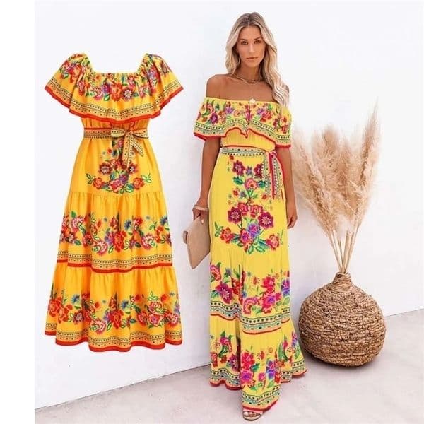 Mexican Traditional Ethnic Mexican Cinco De Mayo Summer Floral Print Off Shoulder Women Mexican Dress 240429CJ