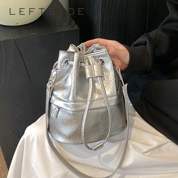 Womens Mini Silver Pu Leather Cross body Bag Y2K Korean Fashion ner Bucket Drawstring Handbag 240910
