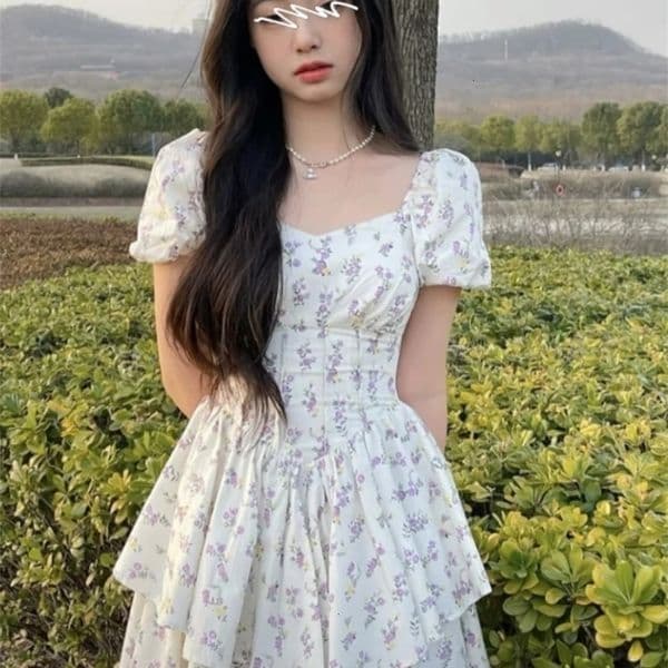 High Waist Dress Women Summer Floral Sweet Square Collar Puff Sleeve Princess Girlish Tender Elegant Korean Style Preppy Chic 240429CJ