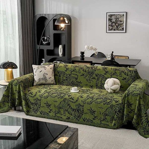 Green Chenille Slipcover Retro Tiger Animal Anti Cat Scratch Furniture Protector Bedspread Couch Towel Full Cover Blanket 3 Set Y251008