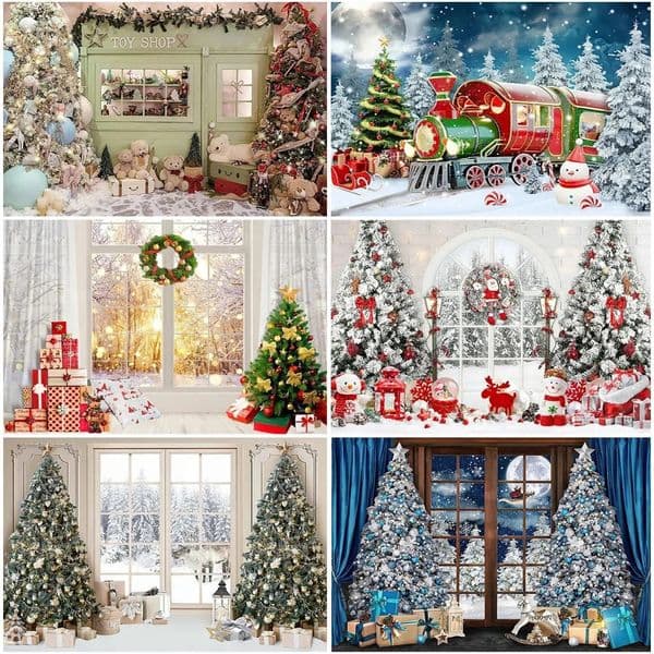 Christmas Party Backdrop Tree Window Wreath Wooden Doors Snowman Pine Year Decor Banner Pography Background 250930BANJIA