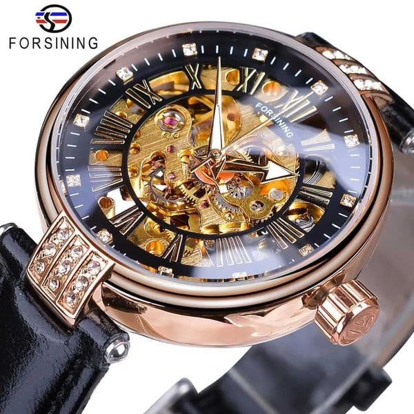 Forsining 2019 Elegant Women Diamond Skeleton Display Design Luxury Lady Automatic Watches Luminous Hands Black Genuine Leather W250903