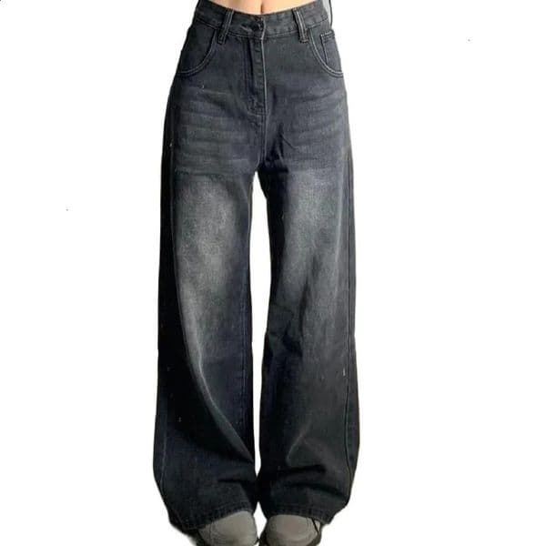Womens high waisted dress straight jeans washed retro casual loose pants 240823wtt