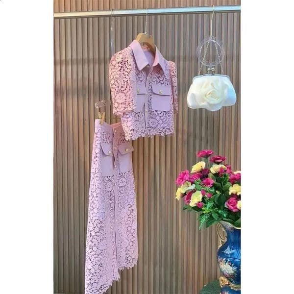 Temperament Office Lady Work Blouse Hollowed Out Shirt Short Sleeve Shirts Pink Pencil Skirts 2 Piece Sets Womens Outfits A Line 240727wtt