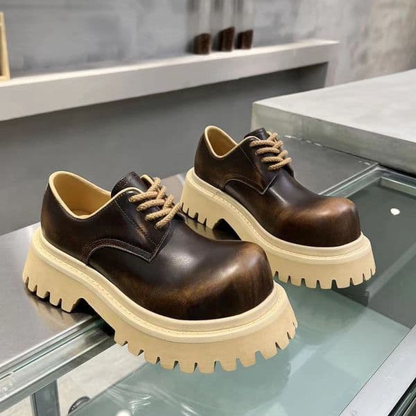 Luxury Design Men Women Dress Shoes Big Round Toe Derby Shoes Retro Thick-Soled Casual Leather Shoes Trendy British Style Height Increasing Handmade Men Boots