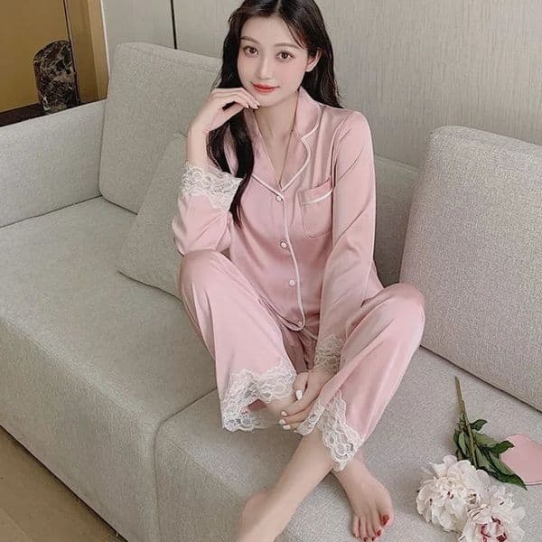 Spring Autumn Ice Silk Soft Pajama Sets for Women Lace Lapel Cardigan Outfits 2 Piece Set Sweet Pink 251009BJ