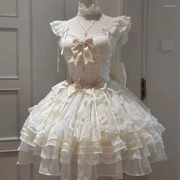 Casual Dresses Sweet Princess Lolita Elegant Woman Party Dress Y2k Chic Bow Fairy Vintage Slim Flower Lace Retro Outfits Japanese Summer