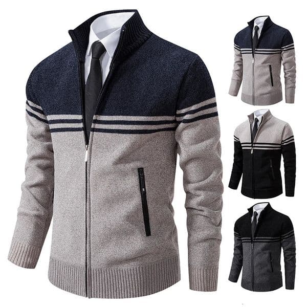 Mens Winter Sweater Thick Fleece Warm Casual Stand Collar Zipper Cardigan Fashion Striped Coat 2501008