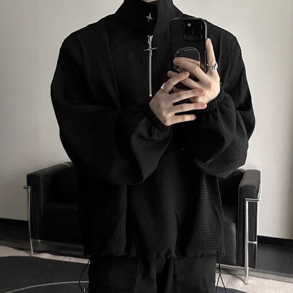 Sweatshirt For Men Trendy Designer Hoodie With Metal Niche Design Loose Fit With Padded Shoulders Stand Collar Long Designer Shirt Sleeve Pullover Top