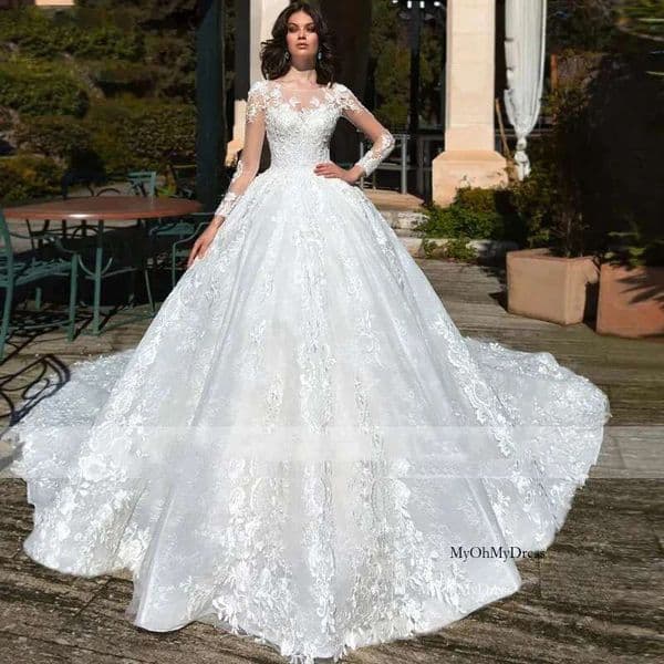 Elegant White Crewneck Tulle Long Sleeve Decal Beaded Bridal Maxi Wedding Dress For Women Wedding Gown Vestidos De Novia 10O9