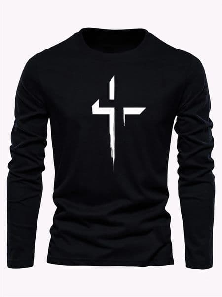 Mens 100 pure cotton loose fit plus size comfortable casual sports cross print round neck long sleeved Tshirt top 250929