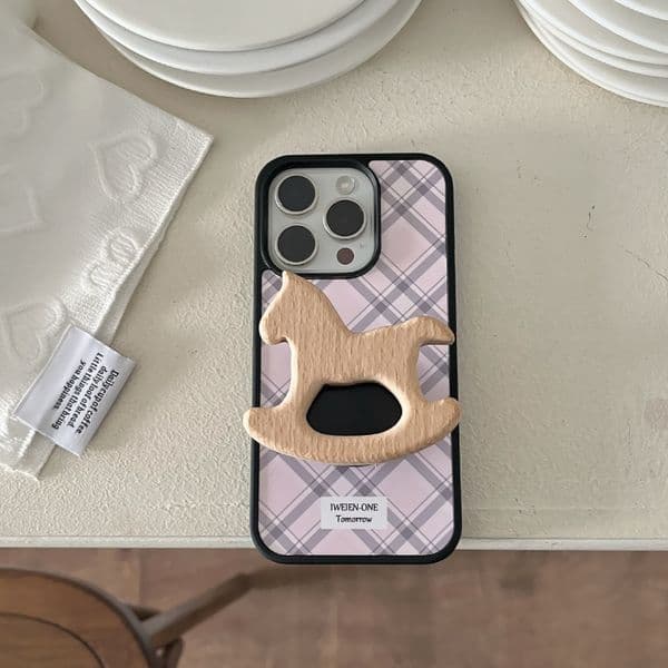 Compatible with iPhone 17 Case Cute Pink Grid Aesthetic Design Ins Style Pattern Wooden Horse Stand Shockproof TPU Hard PC Protective Cover for Girls Women